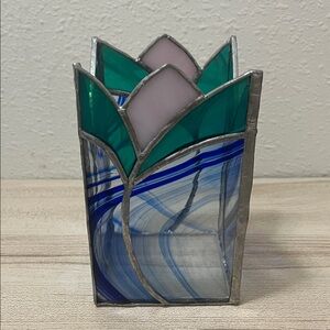 Stained Glass Vase with Green and Blue Accents
